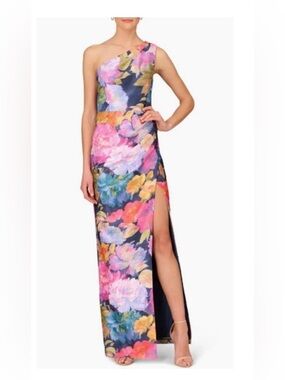 Aidan Mattox One-Shoulder Floral Gown in Navy, Pink and Yellow